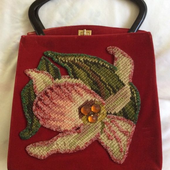 Jolles Handbags - Vintage Jolles Handbag Red Velvet Beaded Tapestry
